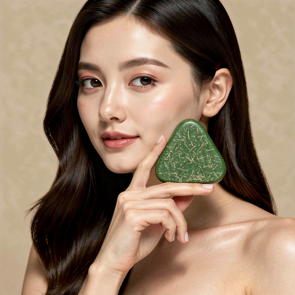 Woman holding the green triangle herbal shampoo soap bar