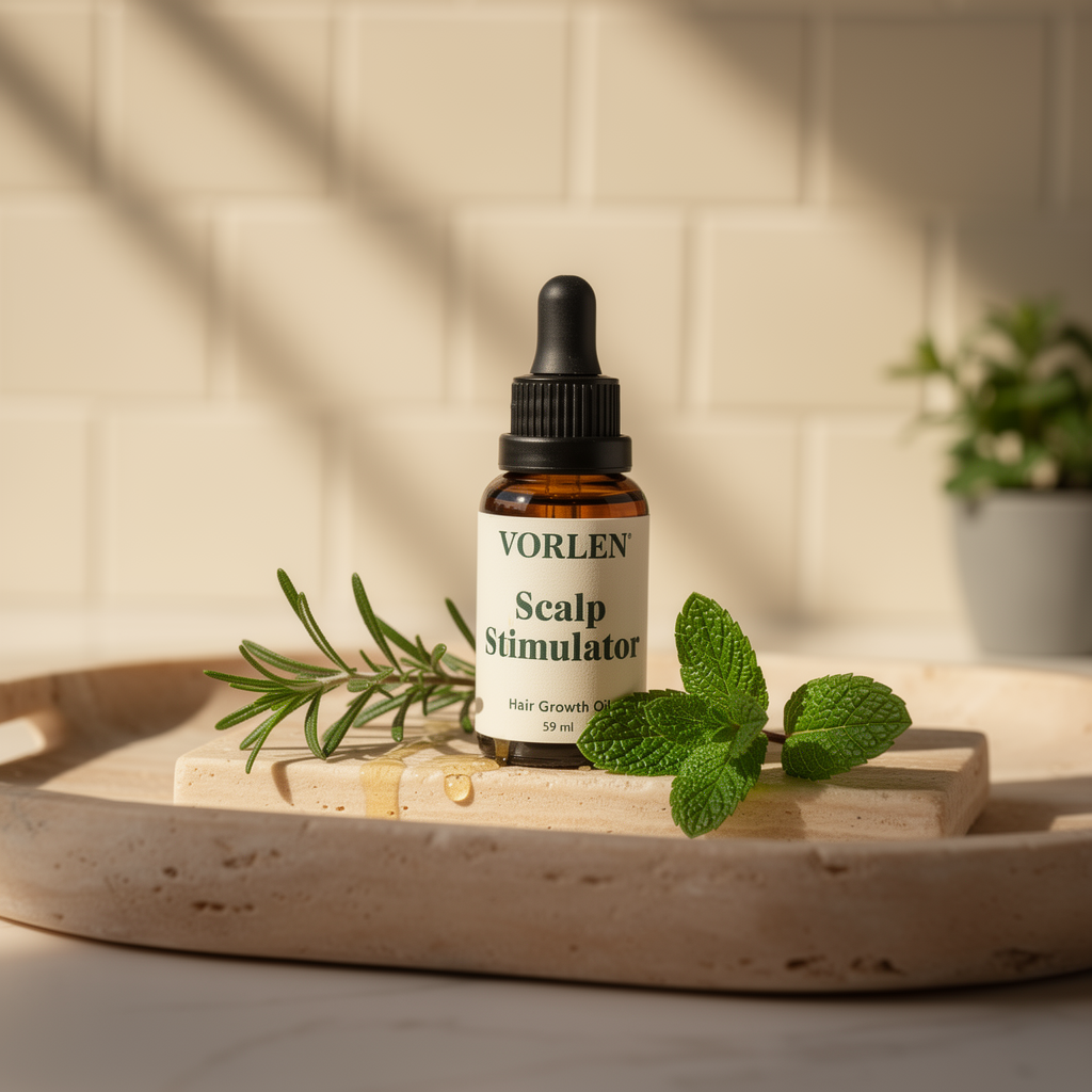 VORLEN Scalp Stimulator Hair Growth Oil amber dropper bottle with rosemary and peppermint