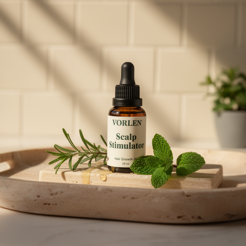 VORLEN Scalp Stimulator Hair Growth Oil amber dropper bottle with rosemary and peppermint