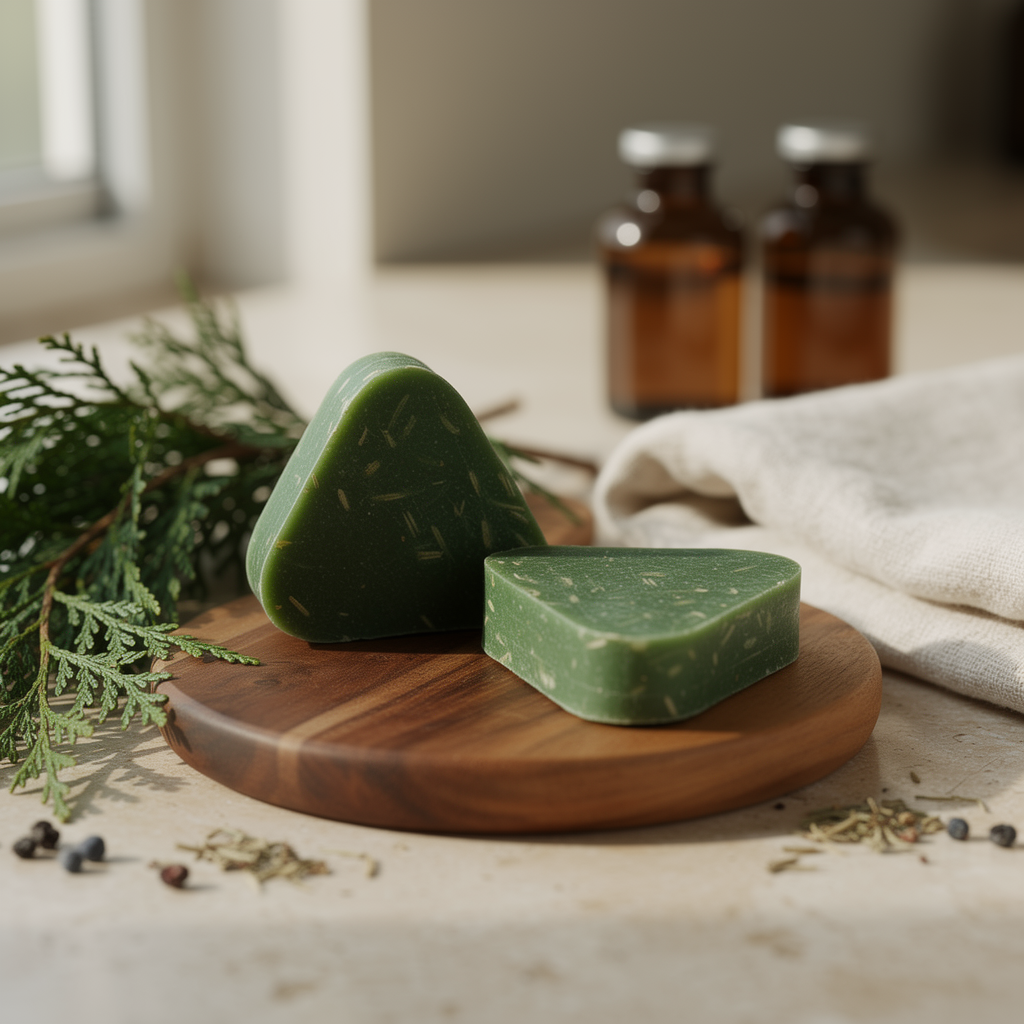 Handmade herbal shampoo soap bars with arborvitae leaf on an olive-wood board