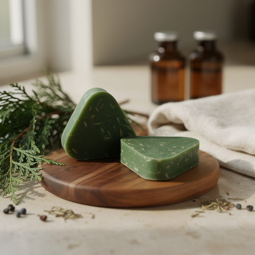 Handmade herbal shampoo soap bars with arborvitae leaf on an olive-wood board
