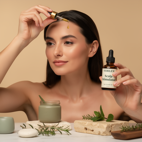 Woman applying VORLEN Scalp Stimulator oil to her scalp with the dropper