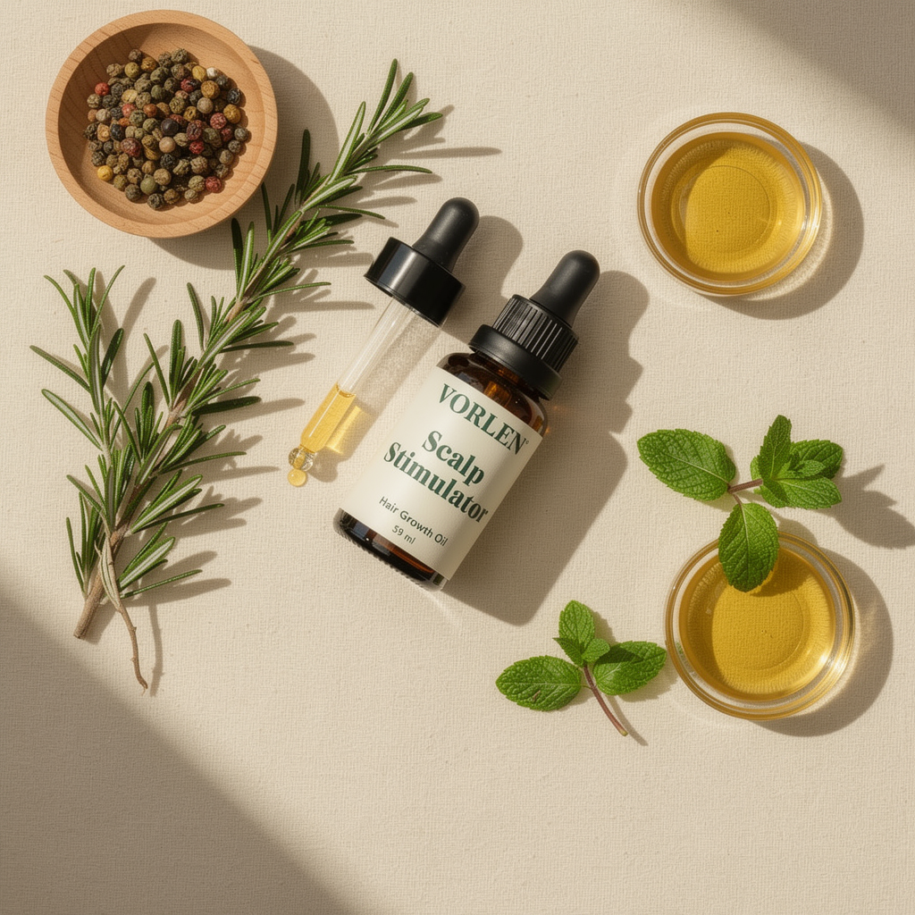 VORLEN Scalp Stimulator Hair Growth Oil flat lay with rosemary, peppermint and grape seeds
