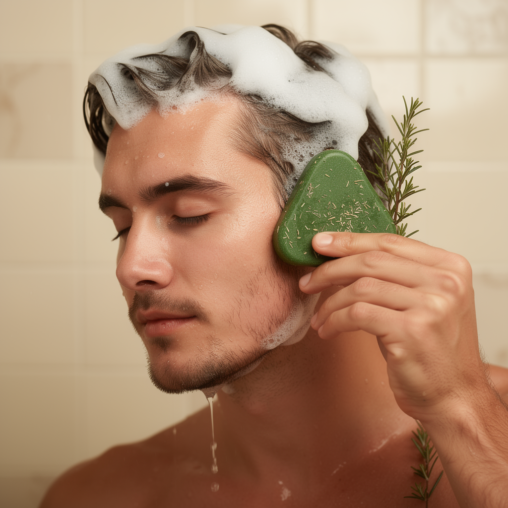 Man lathering his hair with the herbal shampoo soap bar in the shower