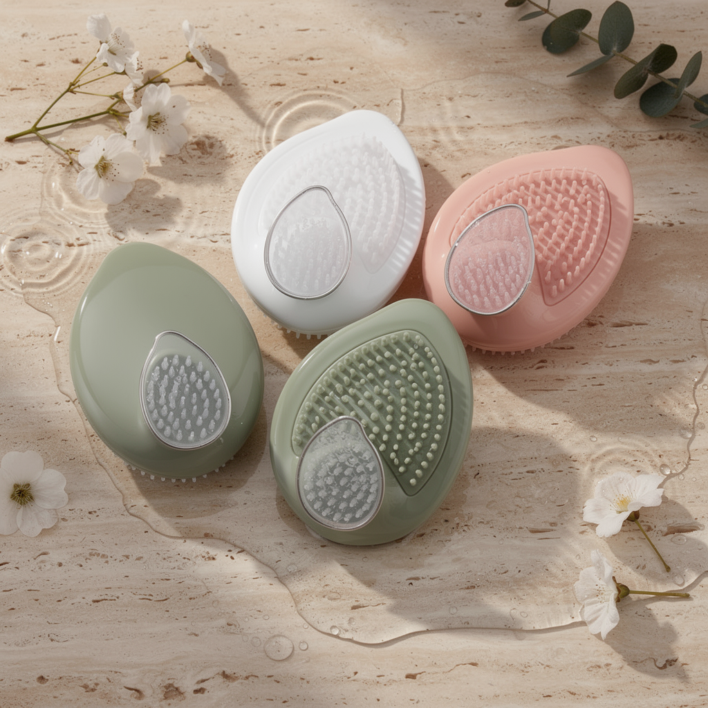 Leaf scalp massage brushes in sage green, white and blush pink on wet travertine