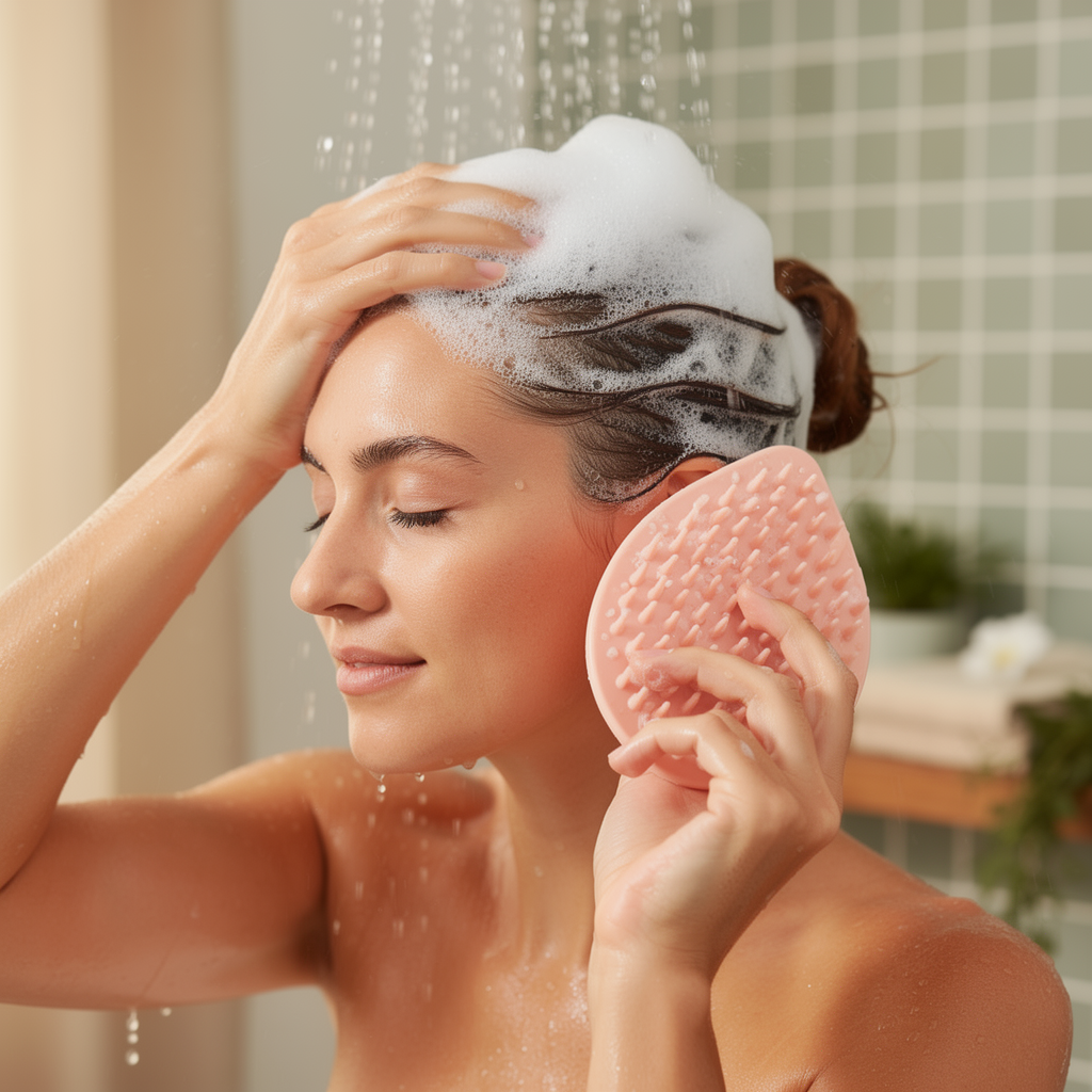 Woman massaging her lathered scalp with the pink leaf scalp brush in the shower