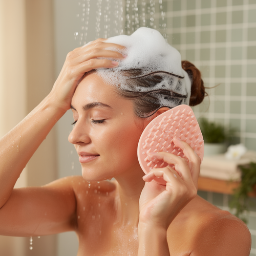 Woman massaging her lathered scalp with the pink leaf scalp brush in the shower