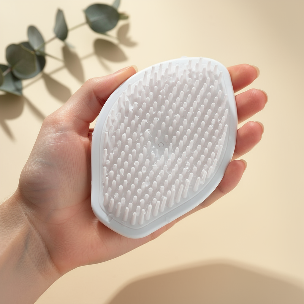 Soft silicone bristles of the leaf scalp massage brush held in the palm