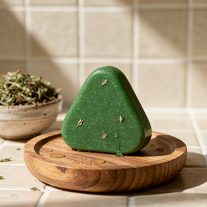 Green herbal shampoo bar on a wooden soap dish