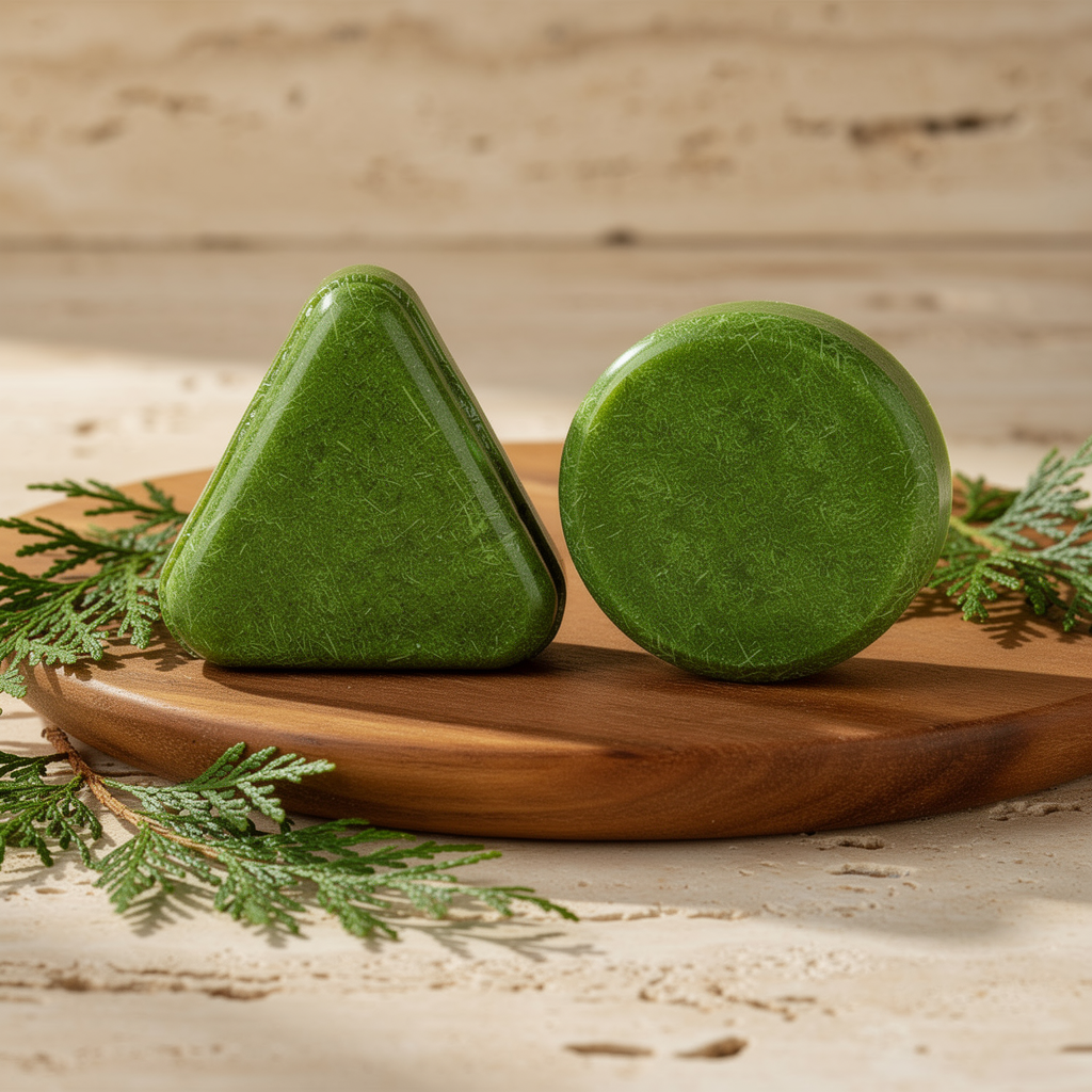 Green herbal shampoo bars, triangle and round