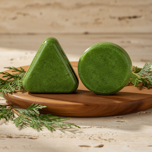 Green herbal shampoo bars, triangle and round