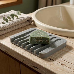 Gray silicone self-draining soap holder with a green herbal bar by a bathroom sink
