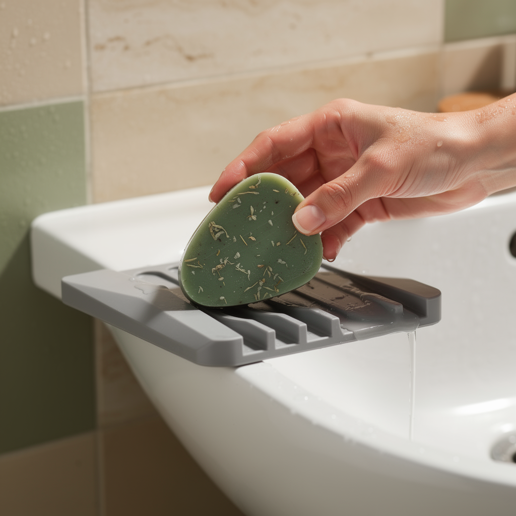 Setting a soap bar on the silicone soap holder at the edge of a sink